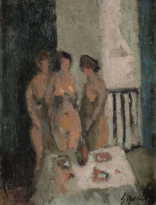 CARMELO GARCÍA BARRENA, "Tres desnudos", Óleo sobre cartón
