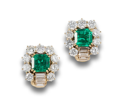 PENDIENTES ALDAO EN ORO AMARILLO CON ESMERALDAS Y DIAMANTES