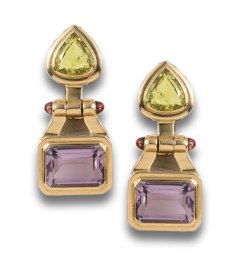 OCTAVIO SARDA EARRINGS IN YELLOW GOLD PERIDOTS AMETHYST AND GARNETS