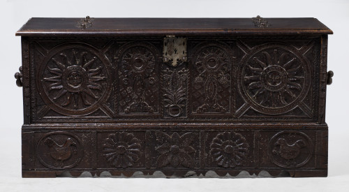 Carved and stained pine chest, northern Spain, 19th century