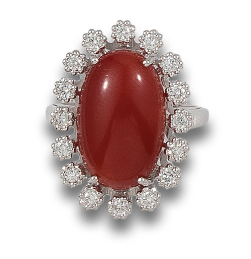 CORAL AND DIAMONDS ROSETTE RING, IN WHITE GOLD