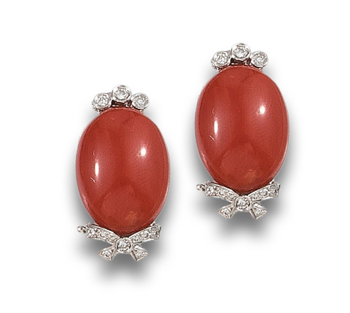 DIAMOND AND CORAL CABOCHON EARRINGS, IN WHITE GOLD