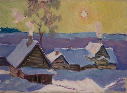 IVAN GODLEVSKY, "El pueblo de Kigi", Óleo sobre cartón