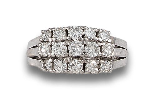 RING THREE ROWS OF DIAMONDS, IN WHITE GOLD