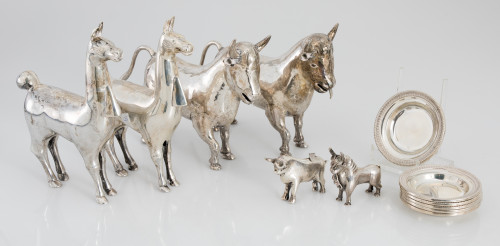 Two miniature figures of bulls in hallmarked silver and 6 a