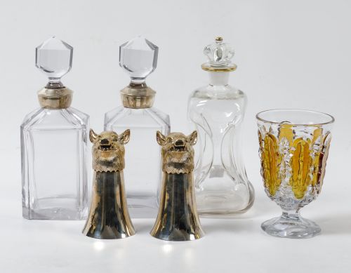 Three crystal decanters and 2 silver metal glasses, 20th ce