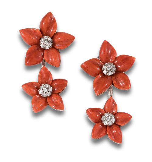 LONG CORAL FLOWER AND DIAMONDS EARRINGS, IN WHITE GOLD