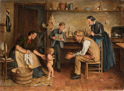 JOSEPH CLARK, "Escena doméstica con bebé dando sus primeros