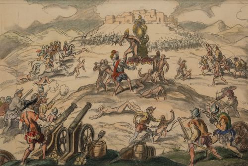  ESCUELA ESPAÑOLA, "Captura de Atahualpa, último rey Inca"