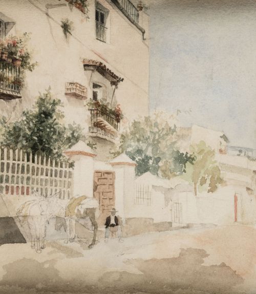 ESCUELA ESPAÑOLA, "Hombre sentado junto a sus mulas", Acuar