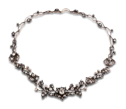 GARGANTILLA FINALES S.XIX DE DIAMANTES, ORO Y VISTAS EN PLA