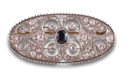 BROCHE PLACA OVAL DE DIAMANTES Y ZAFIRO, EN ORO AMARILLO Y
