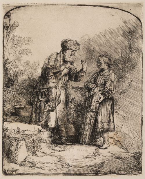 REMBRANDT HARMENSZ VAN RYJN, "Abraham e Isaac", Grabado al