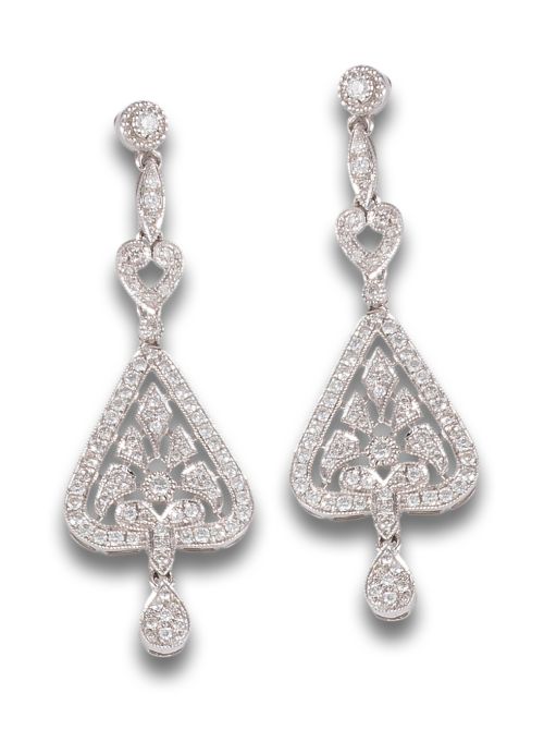 PENDIENTES LARGOS, ESTILO ART DÉCO, DE DIAMANTES, EN ORO BL