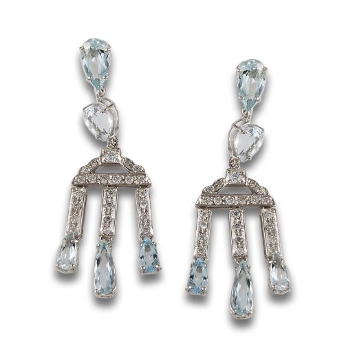 PENDIENTES, ESTILO ART DÉCO, DE DIAMANTES Y AGUAMARINAS, EN