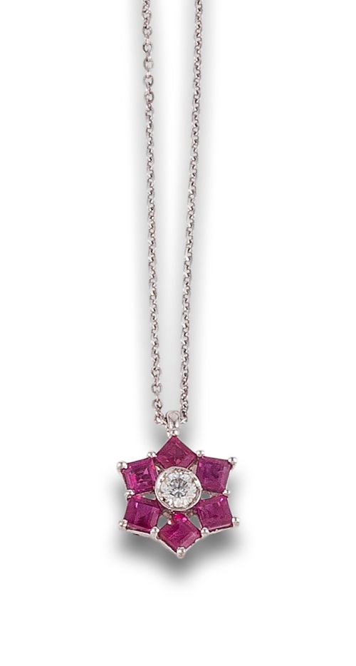 RUBY AND DIAMOND FLOWER PENDANT, IN WHITE GOLD WITH CHAIN