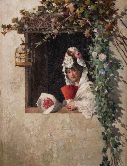 ESCUELA ESPAÑOLA, "Mujeres con abanicos", Pareja de óleos s