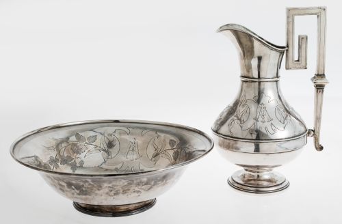 Spanish silver ewer and basin, with Rovira and Carreras mar