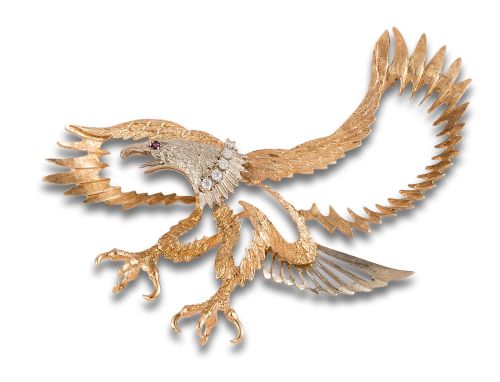 BROCHE ÁGUILA DE DIAMANTES, RUBÍ Y ORO