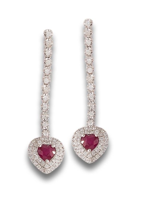 LONG DIAMONDS AND RUBIES EARRINGS IN WHITE GOLD