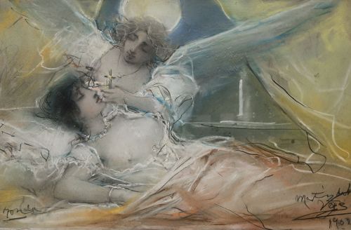 JOAQUÍN  MARTÍNEZ DE LA VEGA, "La muerte", 1902, Pastel y b