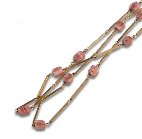 EXTRA LONG NECKLACE IN YELLOW GOLD AND RHODOCHROSITE