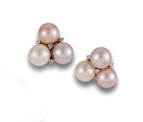 TRIOS PEARL AND DIAMOND EARRINGS, IN WHITE GOLD