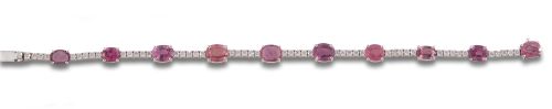 RIVIERE BRACELET IN WHITE GOLD WITH DIAMONDS AND PINK SAPPH