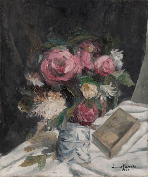 JAUME MERCADÉ QUERALT, "Bodegón con libro y rosas", 1923, Ó