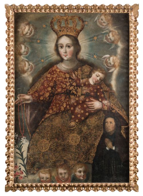 ESCUELA VIRREINAL PERUANA, "Virgen del Rosario con un donan