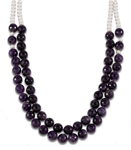 COLLAR DE DOS HILOS DE AMATISTAS Y PERLAS, CIERRE EN PLATA
