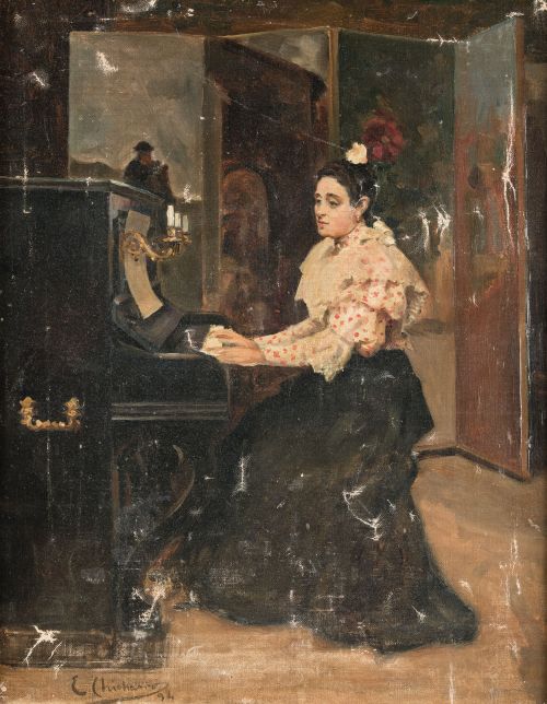 EDUARDO CHICHARRO Y AGUERA, "Dama tocando el piano", Óleo s