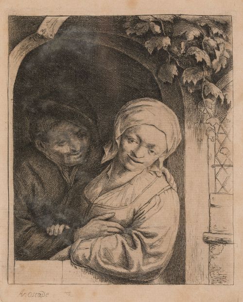 ADRIAEN VAN OSTADE, "Pareja de campesinos en una puerta", A