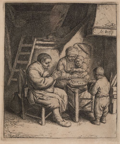 ADRIAEN VAN OSTADE, "La bendicion de la mesa", Aguafuerte s