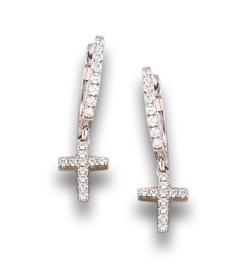 HOOP EARRINGS AND DIAMOND CROSSES, IN WHITE GOLD
