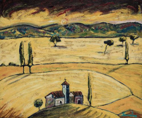 FRANCISCO  LÓPEZ SANCHO, "Por tierras castellanas", Óleo so