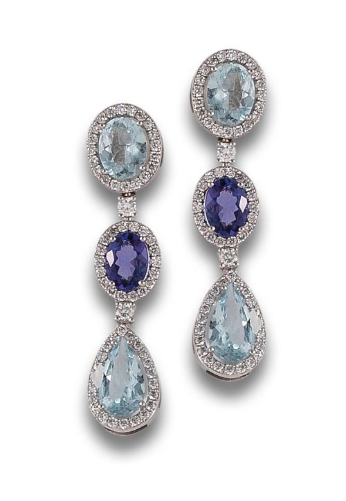WHITE GOLD EARRINGS WITH AQUAMARINES, TANZANITES AND DIAMON