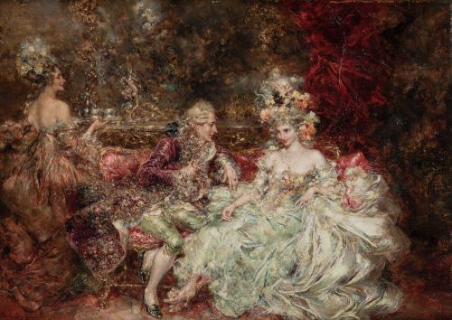 JUAN PABLO SALINAS TERUEL, "Grupo galante", Óleo sobre tabl