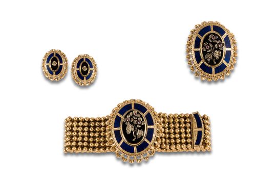 CONJUNTO FINALES S.XIX DE ORO, DIAMANTES Y ESMALTE