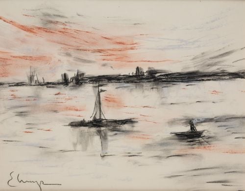 ANÓNIMO, "Marina con barcos", Técnica mixta sobre papel