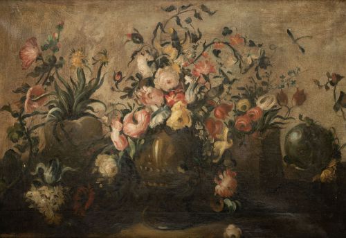 ESCUELA ESPAÑOLA, "Bodegones con floreros", Pareja de óleos
