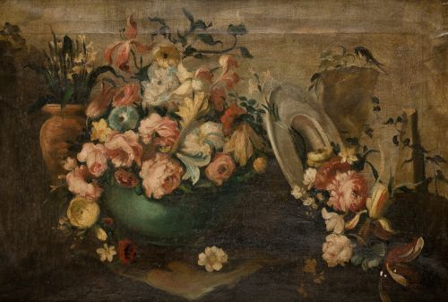ESCUELA ESPAÑOLA, "Bodegones con floreros", Pareja de óleos