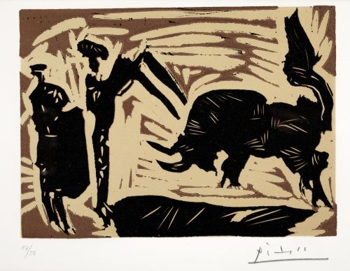PABLO RUIZ PICASSO, "Banderillas", 1959, Grabado al linoleo