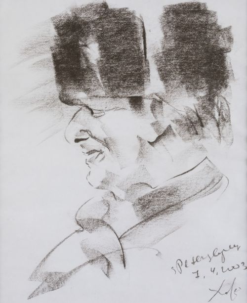 ESCUELA RUSA, "Hombre con gorro de piel", 2003, Carboncillo