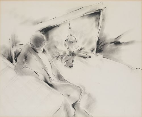 JOSEP CORES MAS, "Hombre en la lumbre", Carboncillo sobre p