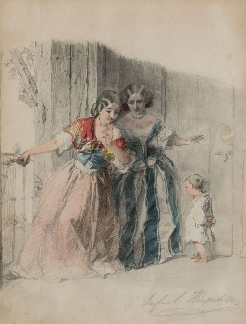 RAFAEL GARCÍA HISPALETO, "Damas con niño", Grafito y acuare