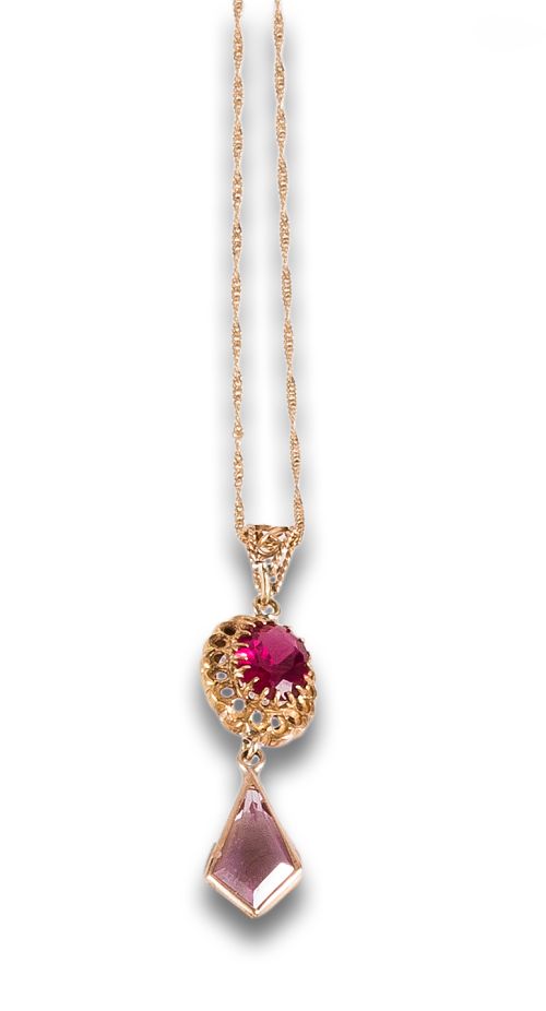 French Rose and Synthetic Ruby Pendant in Yellow Gold with