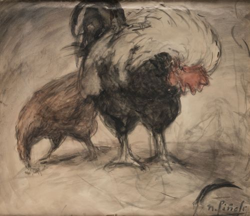 NICANOR  PIÑOLE, "Gallina y gallo", c.1950-60, Acuarela sob