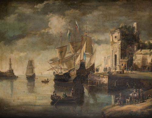 ANÓNIMO, "Vista de puerto", Óleo sobre lienzo