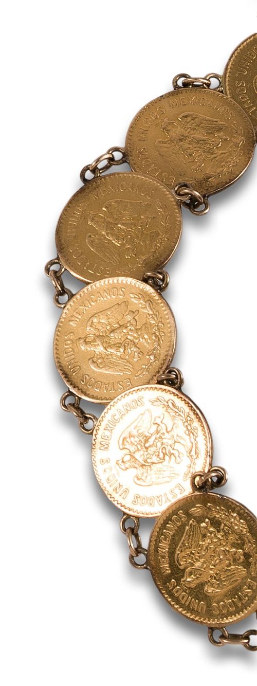 PULSERA DE ORO CON MONEDAS DE CINCO PESOS MEXICANOS